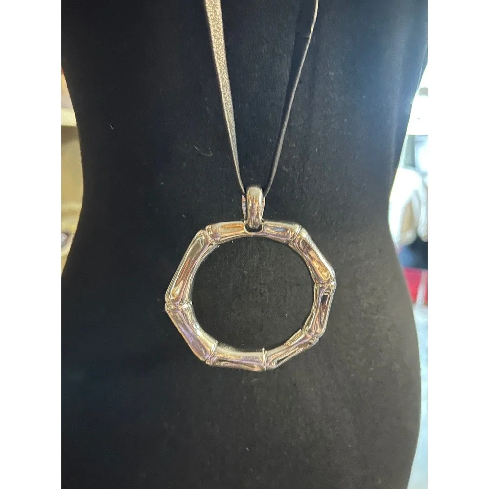 Chico's Silver Tone Bamboo Ring Pendant Long‎ Black Cord Necklace Modernist